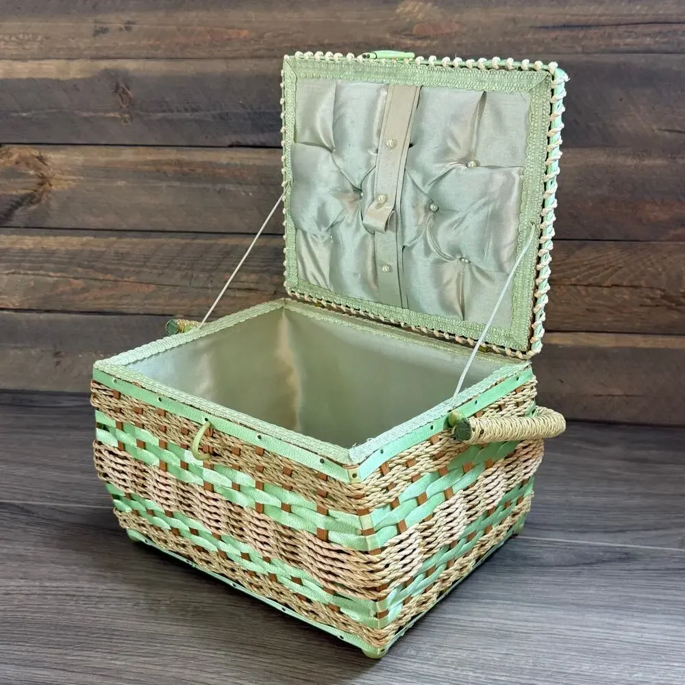 Vintage 1960s Wicker Sewing Basket Granma Cottagecore Shabby Chic Country Japan